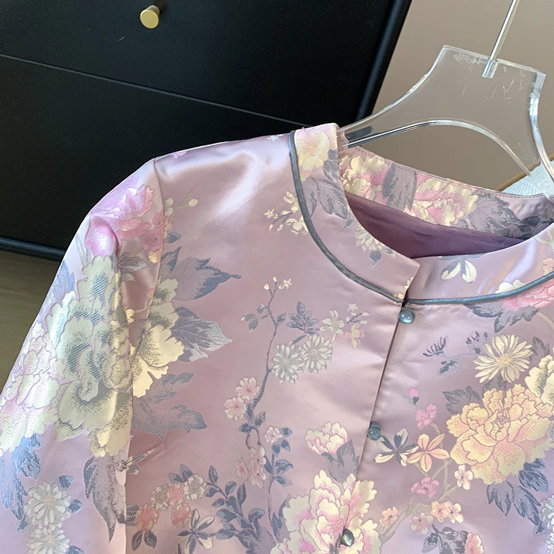 Spring New Chinese Style Hanfu Tang Costume Jacquard Woven Gold Embroidery Long Sleeve Cardigan Women's Jacket Crew Neck D3