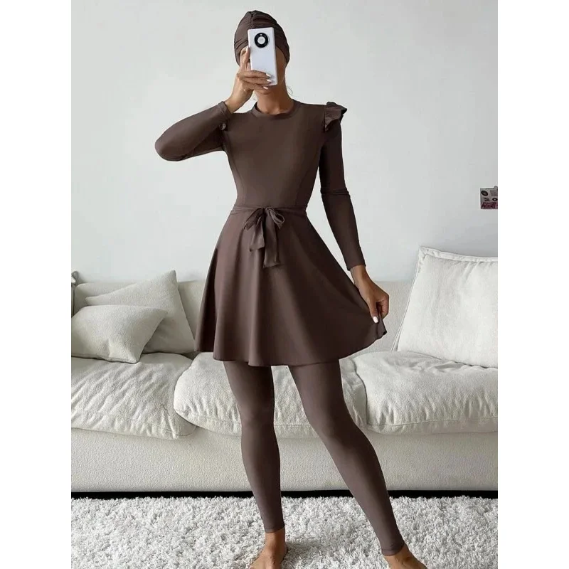 

2023 Muslim Swimwear Women Modest Solid Hijab Long Sleeves Sport Swimsuit Islamic Colorblock High Neck Burkini Swimsuit