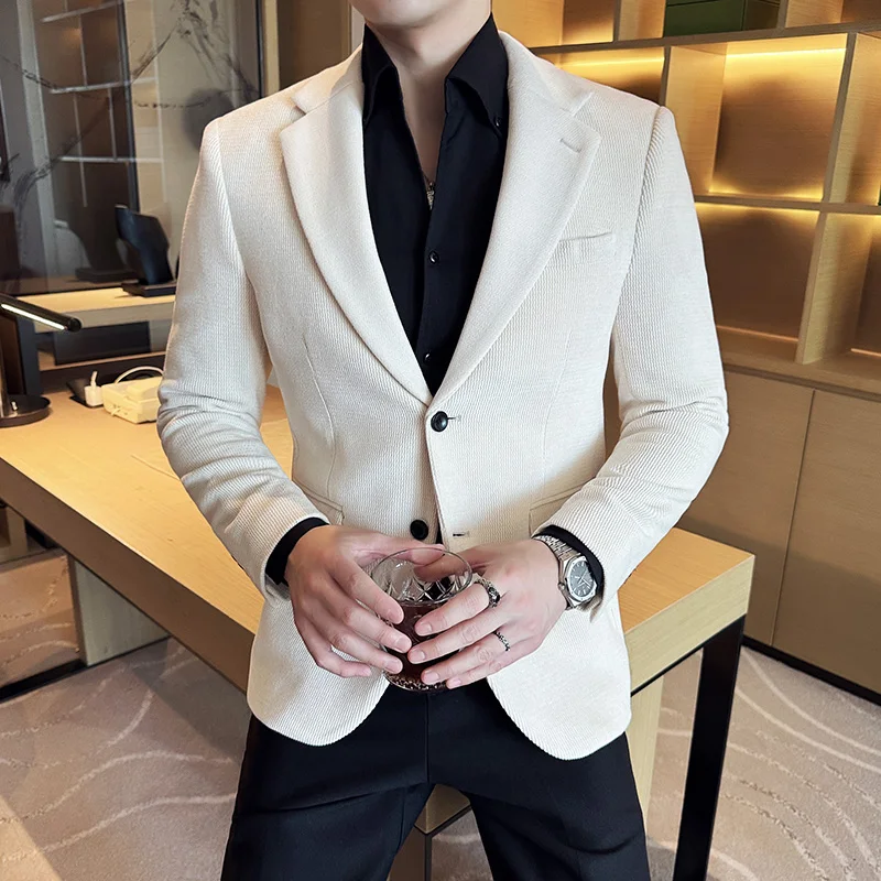 Chenille Blazer Jackets For Men Korean Popular Clothes Plain Color Mens Casual Blazers Slim Fit Business Formal Wear Suit Coats
