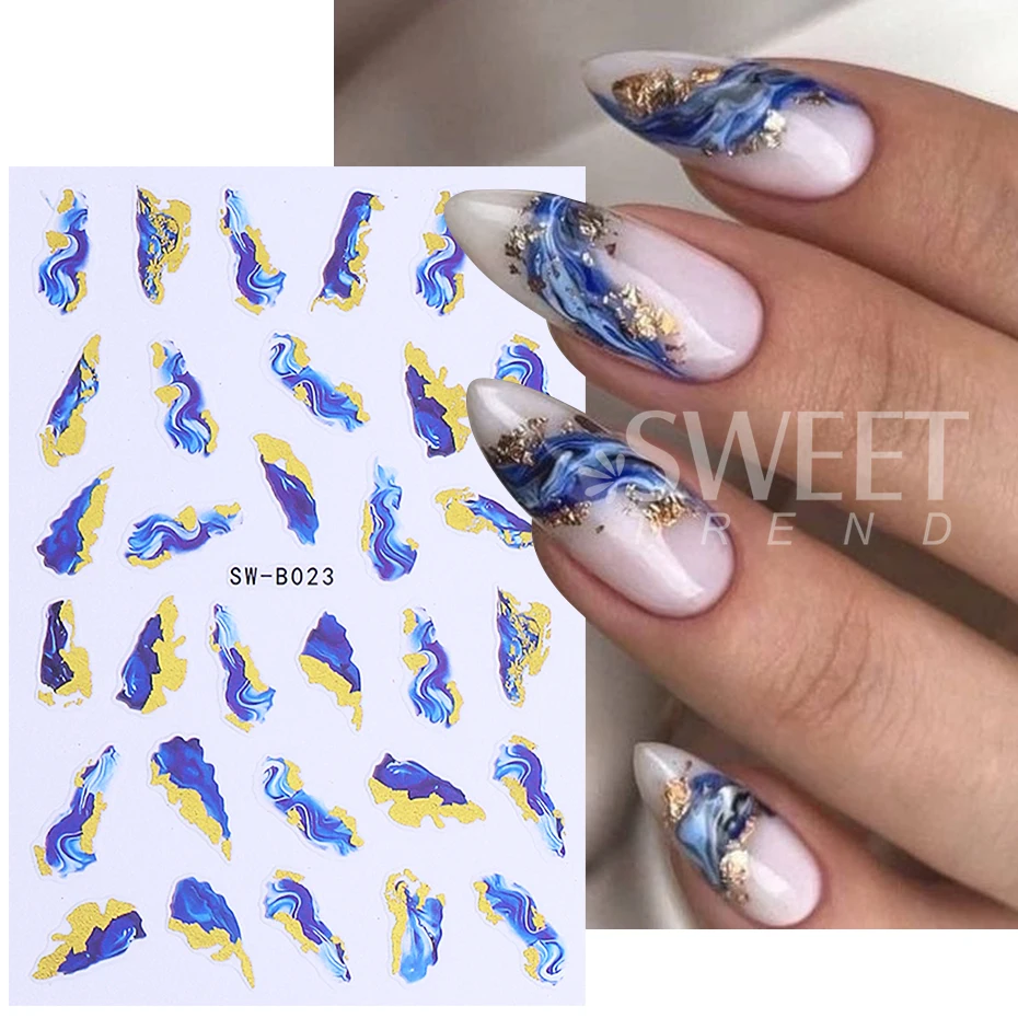 3pcs Blue White Marble Stripe Nail Sticker Gold Foil Wave Line Ink Blooming Irregular Slider Nail Decals Adhesive Manicure Decor