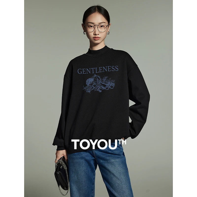 

Toyouth Women Sweatshirt 2023 Winter Long Sleeve Half High Collar Loose Hoodies Letter Vegetable Print Casual Four Colors Tops