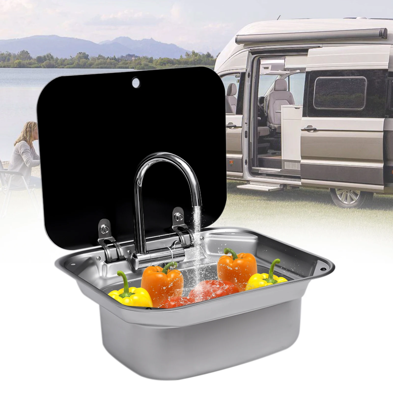 

RV Caravan Boat Stainless Steel Hand Wash Basin Sink with Folded Faucet Tempered Glass Lid for Van Camper Trailer Accessories