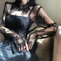 Chemisier Sexy en dentelle pour femmes, manches longues évasées, col haut, vêtements intérieurs, chemise en dentelle, tunique de Base, haut Perspective, bas Vintage 5