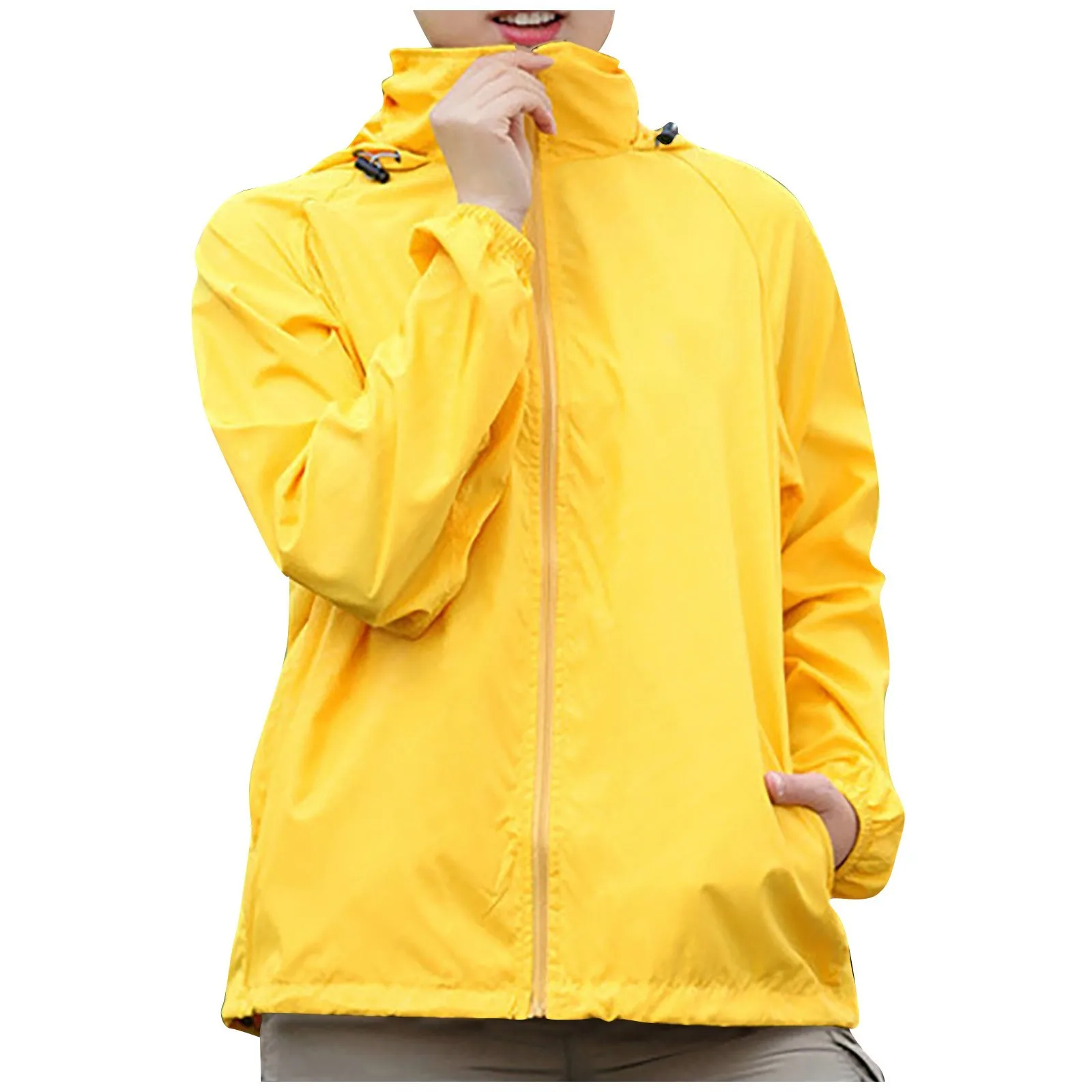 Solid-colored hooded windbreaker jacket with long sleeves, waterproof shell, and trench-style fit—ideal for climbing, hiking, and sun protection. yellow