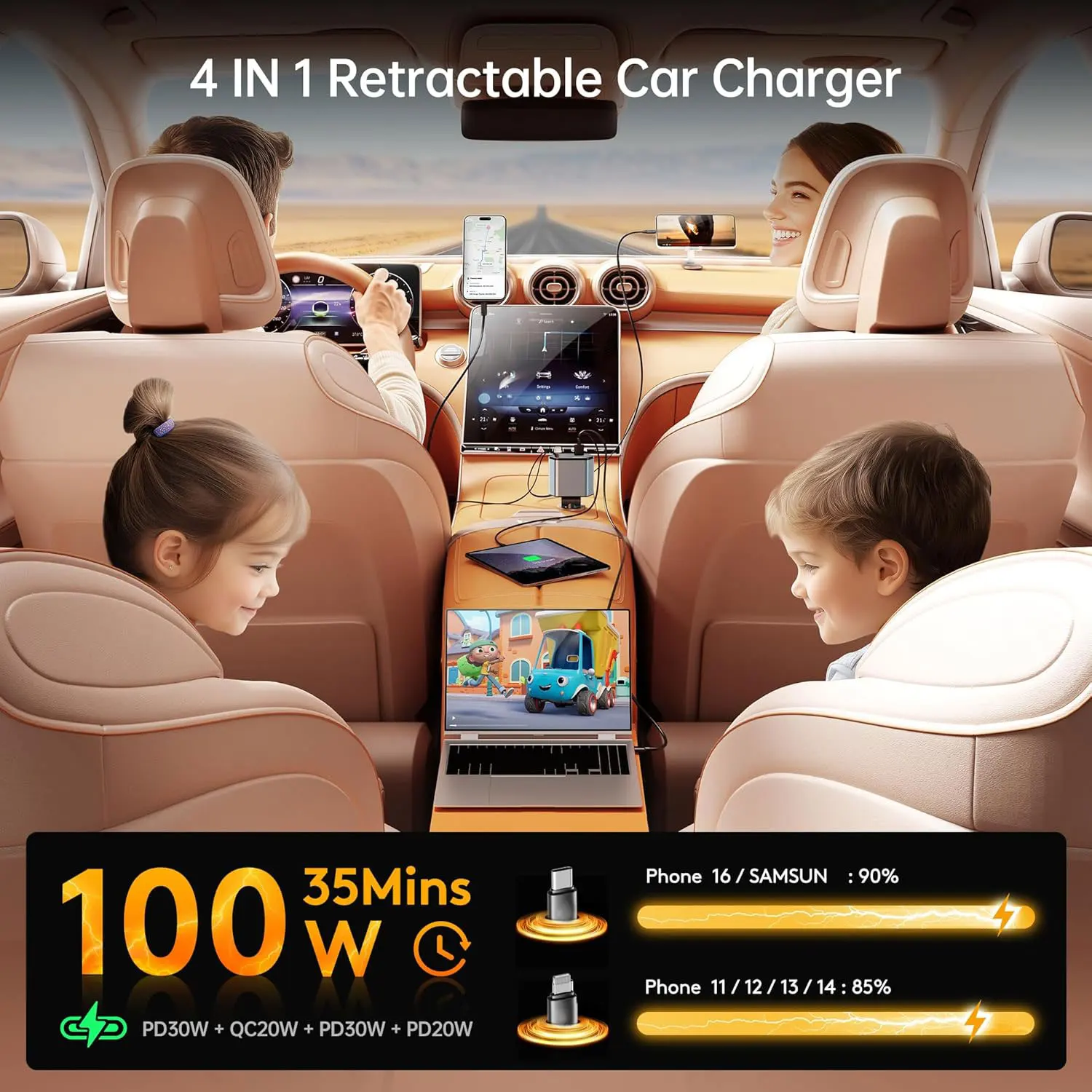 66W 접이식 차량용 충전기 고속 충전 4-in-1 USB C & USB A, PD&QC 차량용 휴대폰 충전기 (아이폰 6-17, 패드, 안드로이드 기기용)