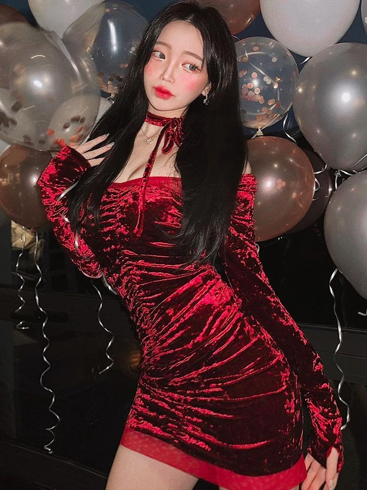 

Sexy Mesh Velvet Long Sleeve Backless Ruched Red Bodycon Mini Dresses for Women 2023 Elegant Club Birthday Party Fall Outfits