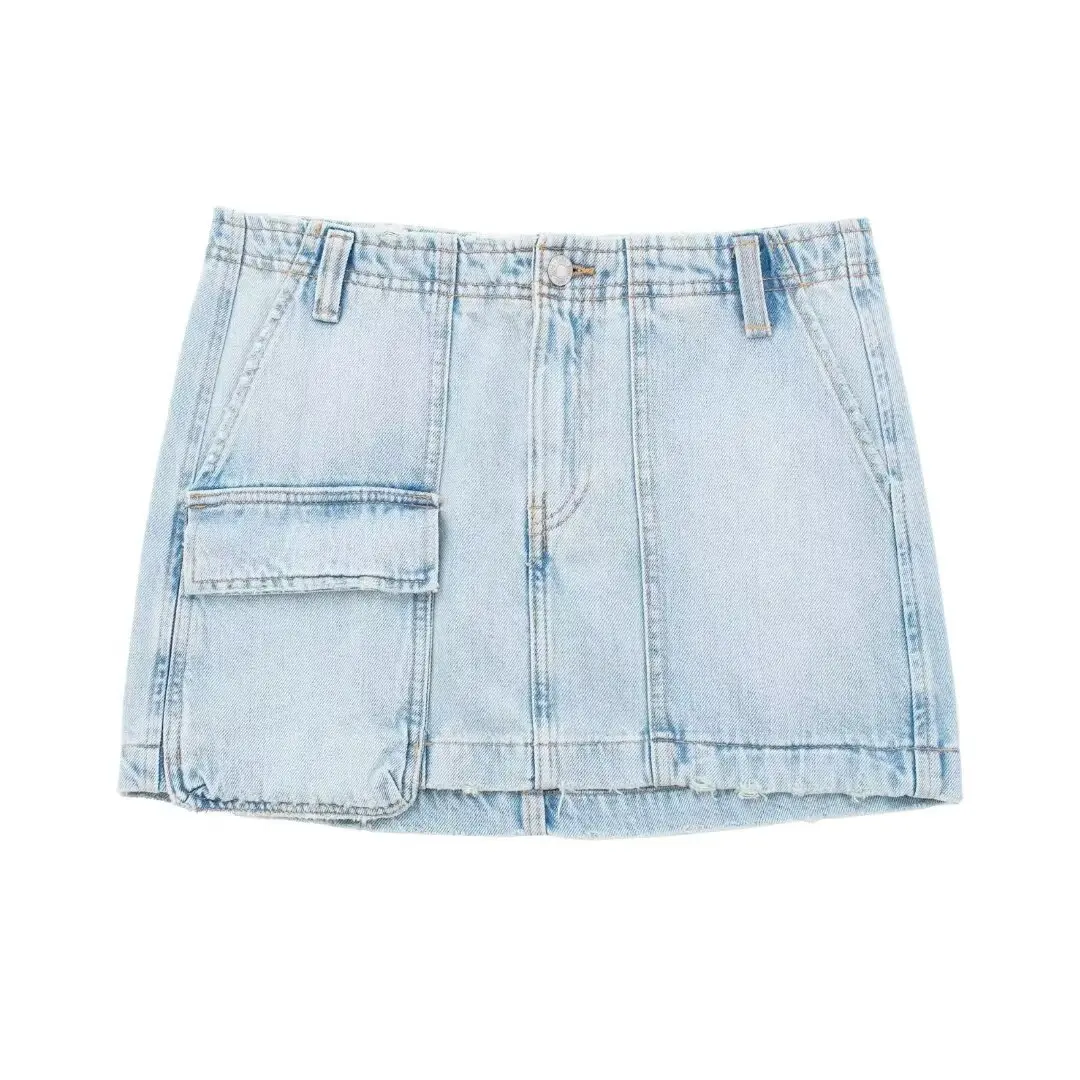 thumbnail image 1 of HH TRAF Verano Femenino Nuevas Faldas Mini Elegantes Botones Bolsillos Decoración Cremallera Azul Cintura Alta Mujeres Casual Falda Vaquera Corta Mujer, 1 of 5