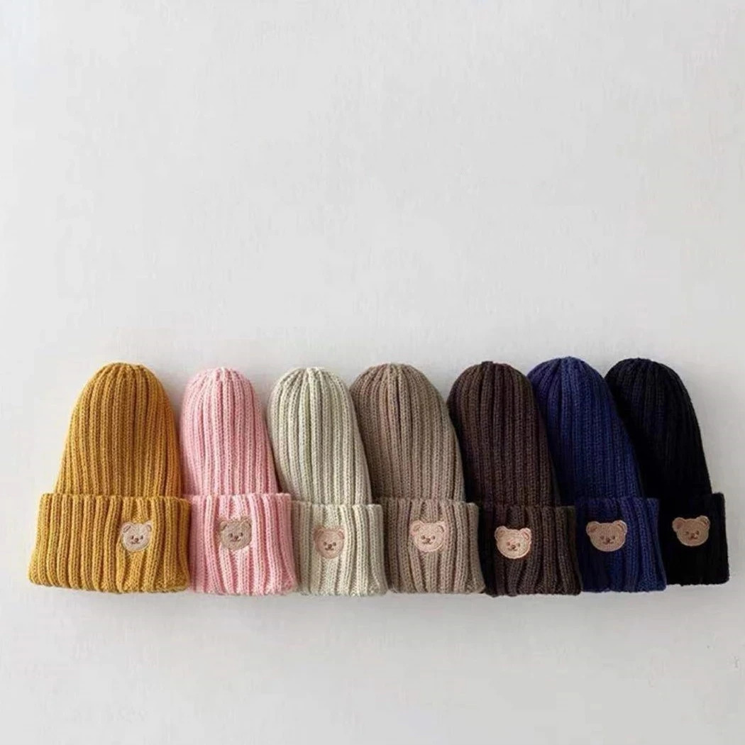 2022 Korea Spring Autumn Kids boys Hat Candy Color Baby Boys Knit Hat Baby Girls Bear Head Embroidery Kids Knitted Hat