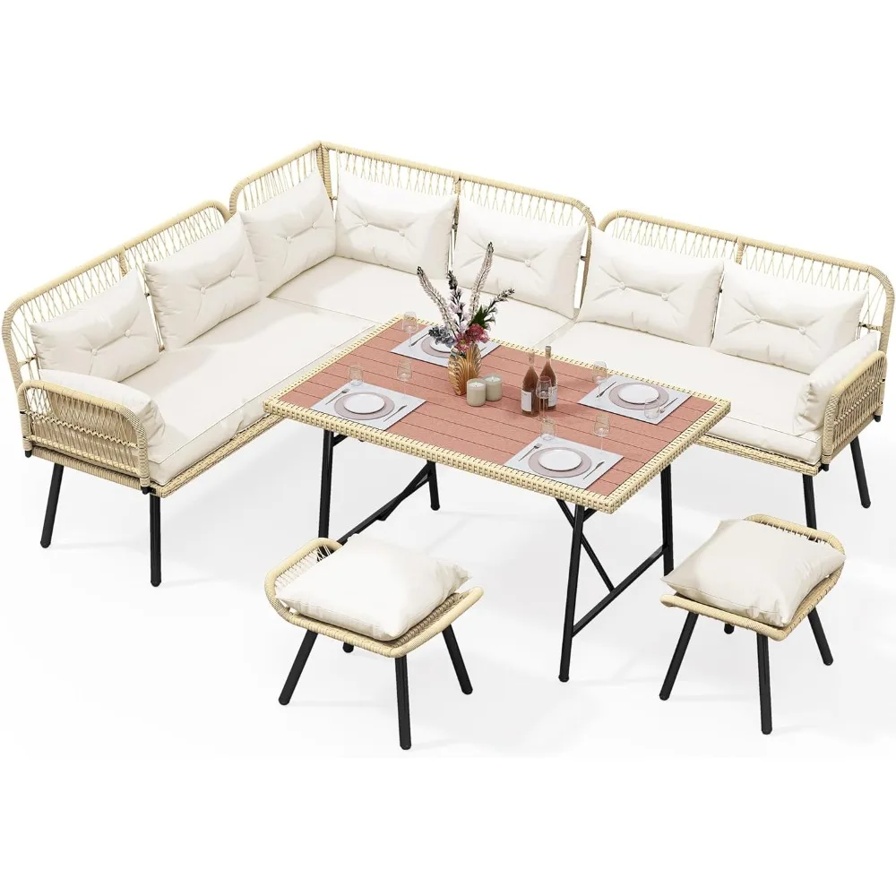 

All-Weather Rattan Outdoor Conversation Sofa Set with Soft Cushions,Ottomans and Plastic Wood Dining Table