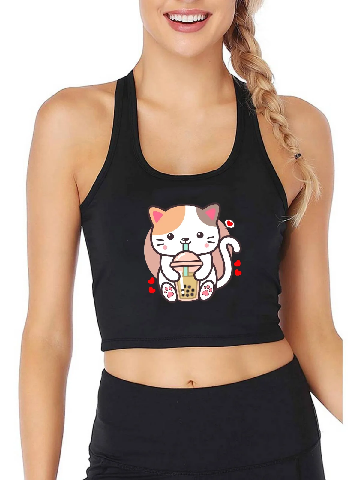 

Japanese Anime Cute Cat Boba Tea Bubble Tea Design Tank Top Women's Fashion Sexy Training Crop Tops Summer Camisole