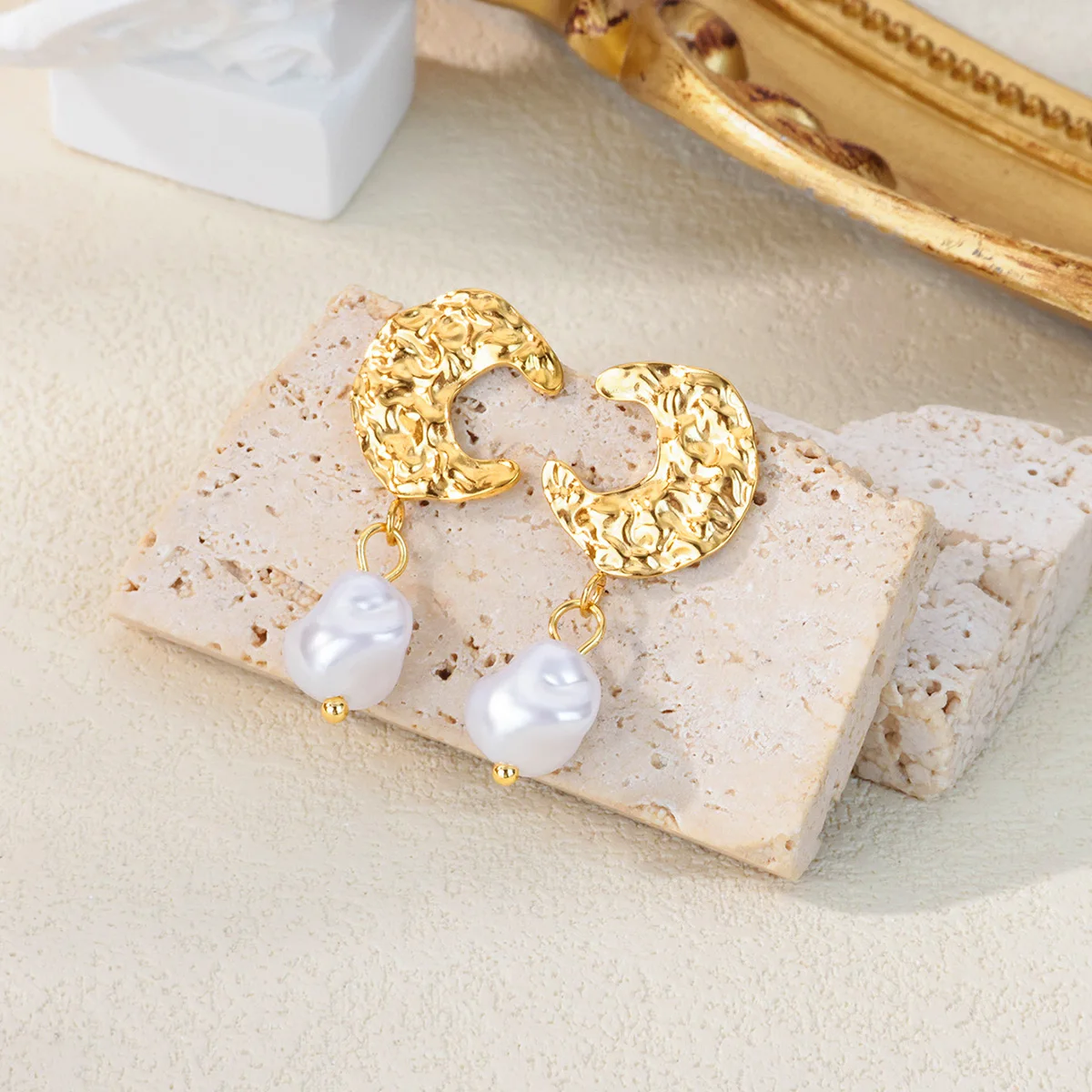 Stainless Steel Moon Pearl Earrings Gold Color Anti Fading for Women
