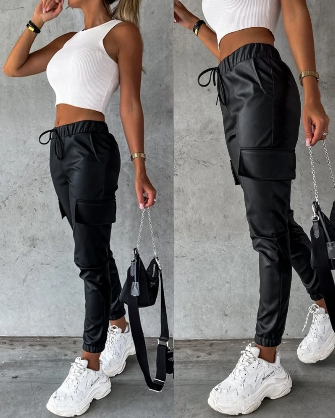 Women's Pants 2023 New Fashion Hot Selling Autumn/winter Elastic Waist Pu Leather Flap Pocket Tie Feet Drawstring Pants