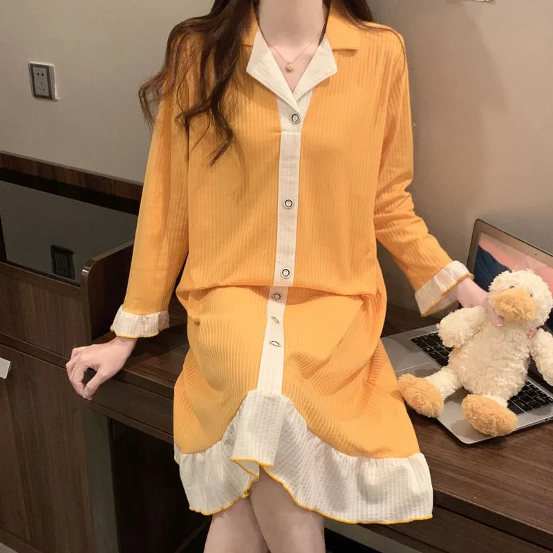 Women Spring Autumn Long Sleeve Sleeping Dress Cotton Thin Pajamas Korean Version Cute Loose Sleepwear Lapel Lacework Nightgown