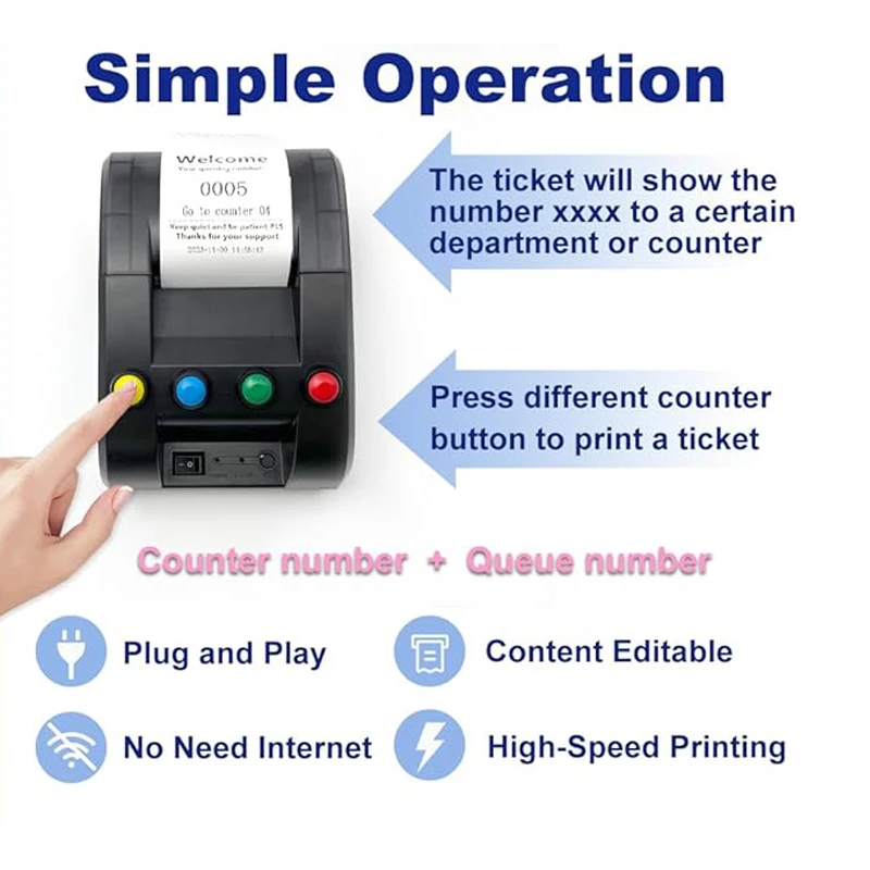 Take a Number Printer Ticket Thermal Printer Ticket Machine with 57mm Receipt Roll for Wireless Calling System