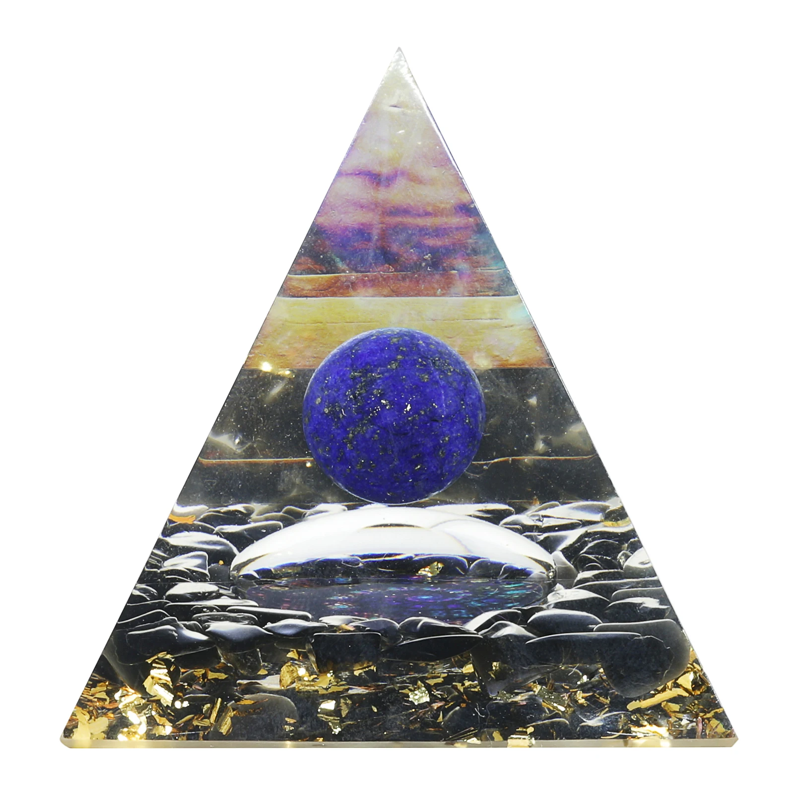 Natural Crystal Sphere Orgone Pyramid With Obsidian Tumbled Stones & Snail Symbol Orgonite Generator For Chakra Balancing