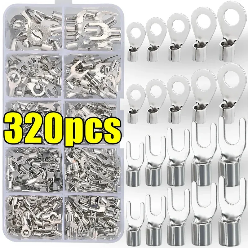 Terminal Connector Copper Ring Fork Terminals Kit Non-Insulated Electrical O/Y Type Brass Terminal Assortment Set Cable Wire Crimp Spade