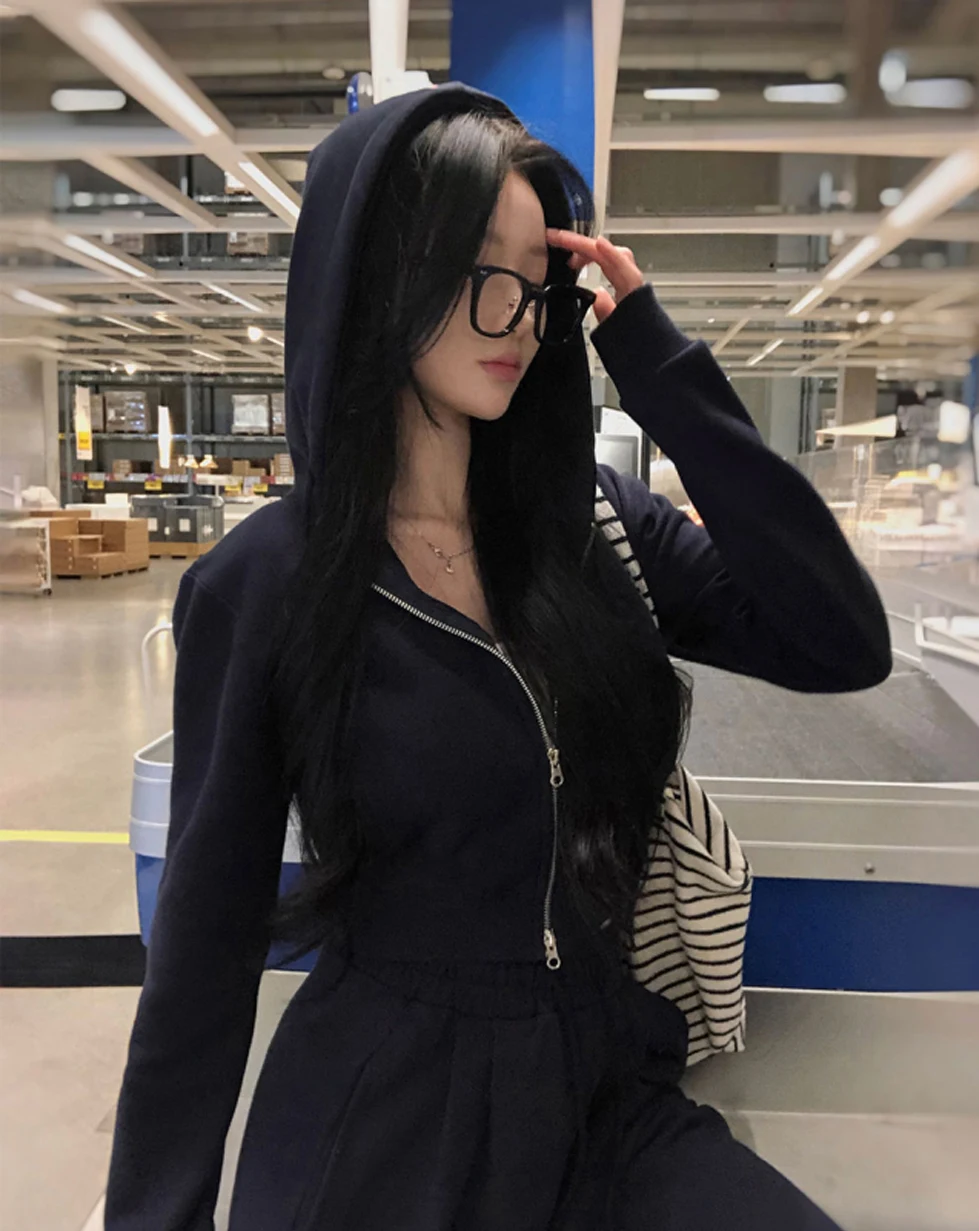 Korean Fashion Streetwear 2-piece Pants Set Women Tracksuit Autumn New Hooded Zip-up Crop Top Long Pants Casual Solid Outfits