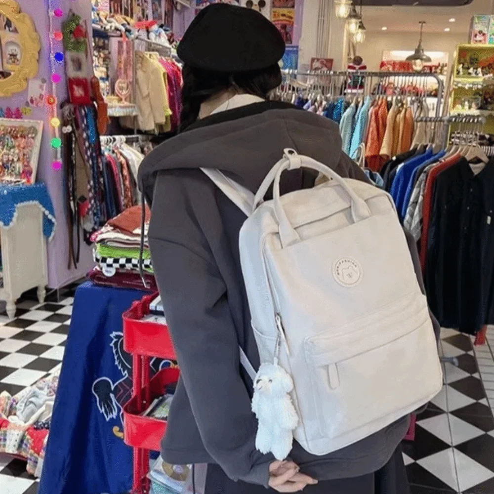 Solid Large Capacity Student Backpack Zipper Nylon Academy Girl's School Bag Spacious Multi-Pocket Plush Pendant Teens Rucksack 4