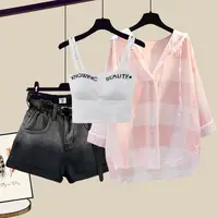 Fashion Tie-dyed Shorts Sunscreen Plaid Shirt Pink Bra Three-piece Elegant Women's Pants Set Summer Outfits Tracksuit for 2025 - Image 5