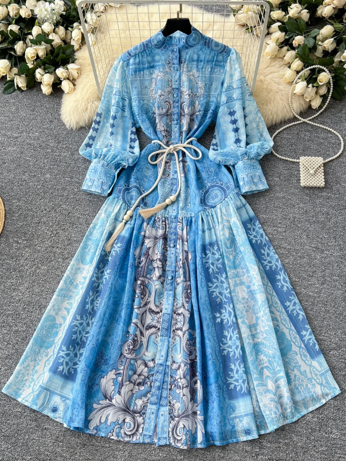 sachin and babi light blue dress Damson Madder Fan Fan Midi Dress Patchwork Broderie main image 1