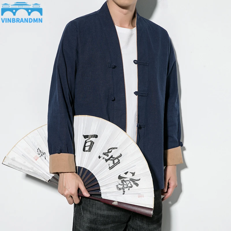 코튼 린넨 젠 의류 중국 스타일 남성 단색 Hanfu 일본 가디건 캐주얼 자켓, 남성용 탑 레이즈 티 아트 의류