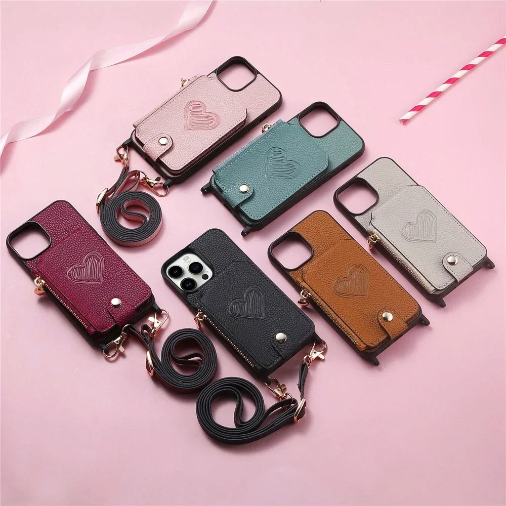 Crossbody Leather Wallet Phone Case with Magnetic Card Holder and Zipper