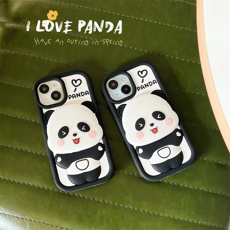 Adorable Panda Flip Mirror Silicone Phone Case - Shockproof Protective Cover
