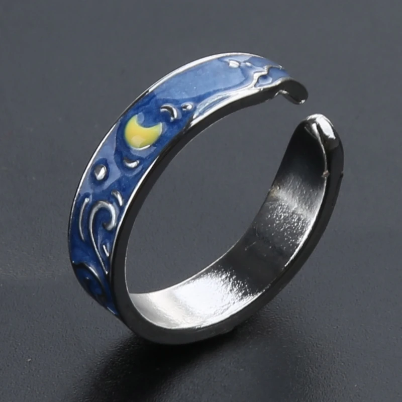 S925 Silver Plated Ring Romantic Van Gogh Starry for Sky Finger