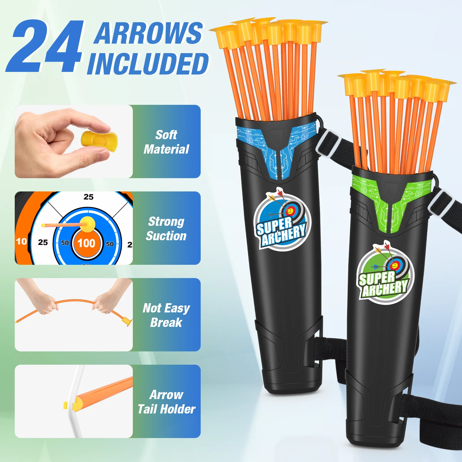 2 Pack Bow and Arrow for Kids, LED Light Up Archery Set with 24 Suction Cup Arrows Indoor Outdoor Sport Gifts for Boys Girls 3