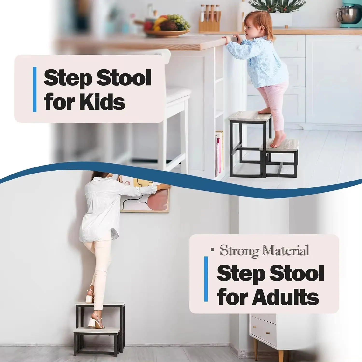 "Heavy-Duty Wooden Step Stool for Adults: 3-in-1 Bed Step Stool with Metal Frame, Supports Up to 500 lbs, Ideal for Kitchen & Ba