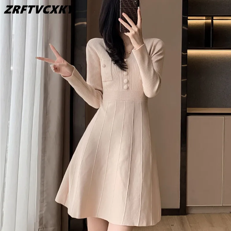 

New Winter V Neck Pullover Sweater Dress Chic Fashion Women Vintage Button Decor Elastic Knitted Ladies Slim A-Line Mini Dresses