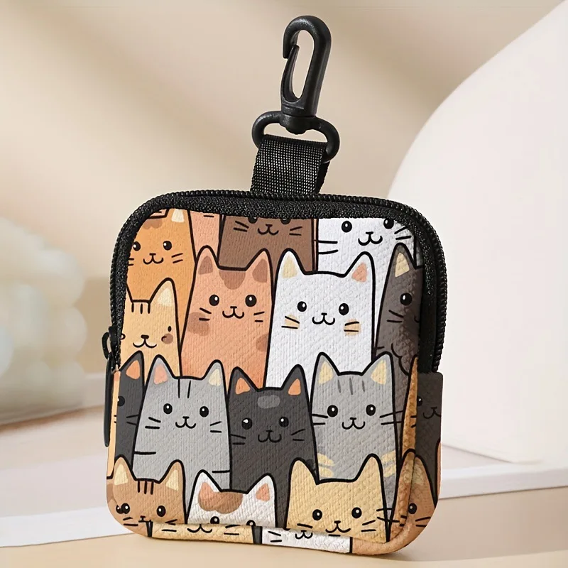 Cartoon Cat Printed Faux Leather Coin Purse Zipper Storage Bag Multi-functional Earphone Pouch