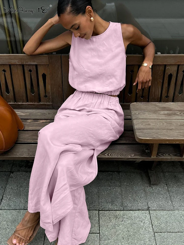 Mnealways18 Cotton Linen Khaki Pants Sets Vacation Summer Sleeveless Tops And Split Pant Suits 2024 Two Pieces Office Ladies Set