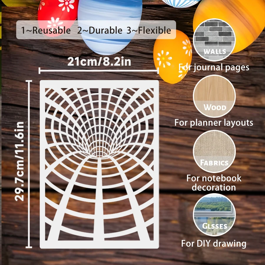 제품 개요 이 A4 스텐실 템플릿은 기하학적 퍼스펙티브 그리드 패턴을 특징으로 하며, DIY 드로잉, 저널 레이아웃에 적합합니다.
