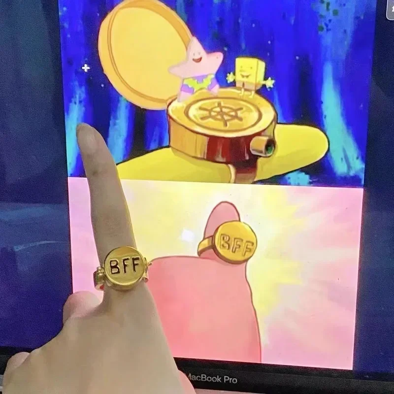 2024 neue Bff Anime Ring niedlichen Cartoon Spongebob Ring Freundschaft Öffnung verstellbare Metall Unisex Schmuck besten Freund Geburtstags geschenk