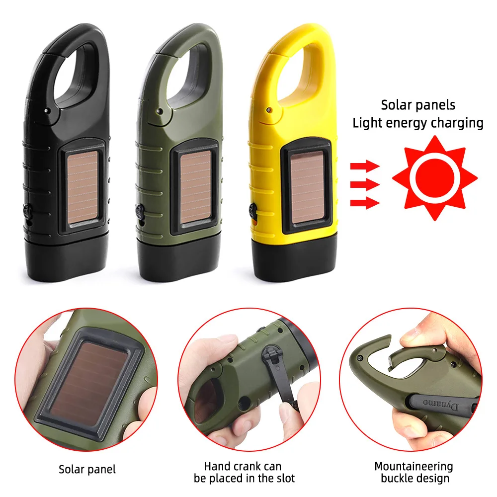 Portable LED Flashlight Hand Crank Solar Powered Energy Rechargeable Torch Camp 