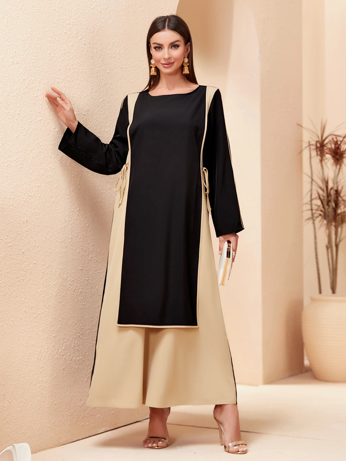 Abaya Ramadan Dubai Color Block Long Sleeve Kaftan Dress, Elegant Tied Waist Ankle Length A-line Dress, Women's Clothing