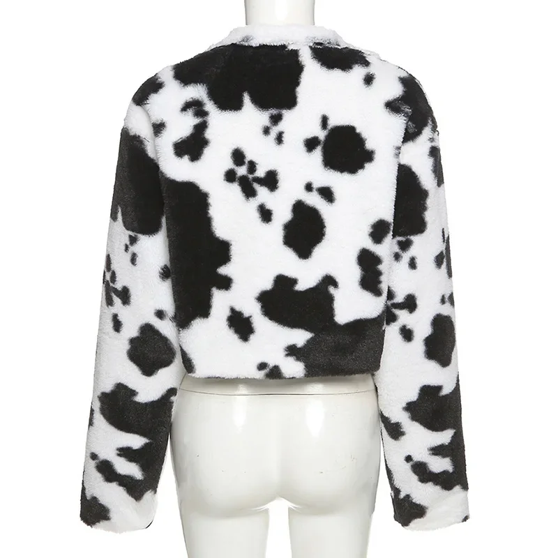 Winter Warm Faux Fur Comfortable Cow Print Women's Jacket Dark Casual Furry Street Style Loose Jacket Women Autumn Loose Jacket