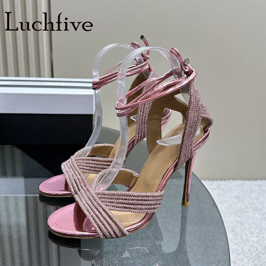 

2023 Summer New Crystal Thin High Heels Women Sandals Open Toe Ankle Strap Pumps Sexy Party Wedding Shoes Luxury Sandals