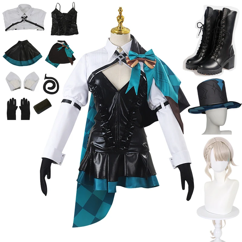 

Genshin Impact Lynette Cosplay Costume Wig Fontaine Leather Uniform Dress Ears Skirt Glove Outfit Shoes Hat Wigs Tail Magician