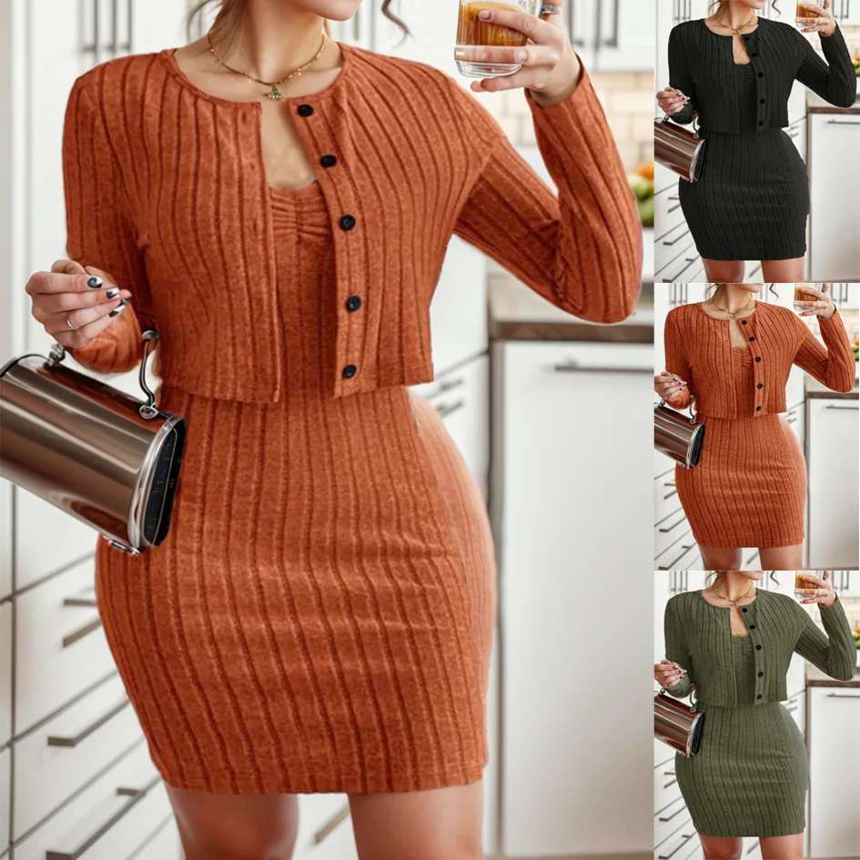 Dress Set for Women Summer Fashion New Solid Color Button Long Sleeve Shirt Sling Cardigan Slim Dresses Two Piece