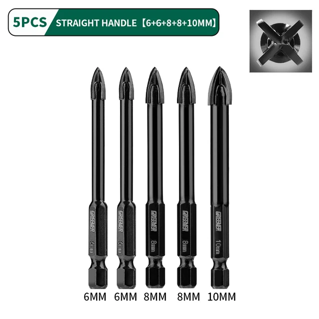 GREENER 3-12mm Four-blade Concrete Impact Glass Drill Cross Hex Tile Drilling Bit Special For Hexagonal Shank Hard Alloy Tri 6-10mm 5pcs