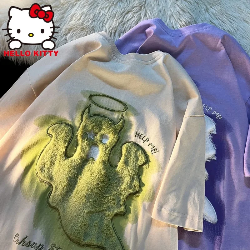 

Футболка Sanrio Kuromi женская с вышивкой, Готическая винтажная Свободная рубашка с короткими рукавами и надписью дьявола, аниме Y2k, лето