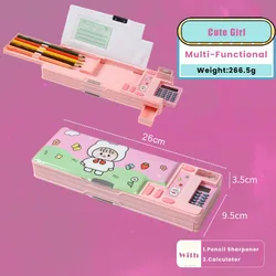 Multi - Functional Double - Sided Pencil Box with Built - In Calculator and Sharpener (Pink Cute Girl)