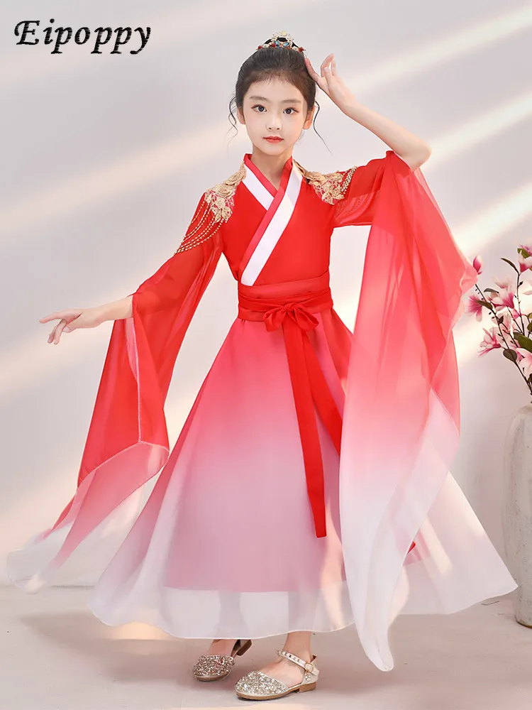 

Girls' Red Chinese Style Children's High-End Autumn and Winter Competition Grading Performance Piano Performance Dress
