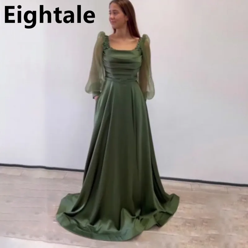 

2022 Army Green Formal Evening Dress For Wedding Puffy Sleeve Belt A-Line Pleats Prom Dress Arabic Dubai Couture Robe De Soiree