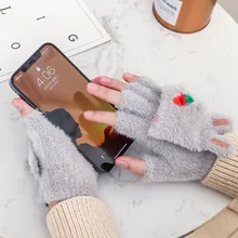 

Ladies Half Finger Flip Gloves Cute Winter Rabbit Embroidery Fleece Cartoon Student Writing Carrot Thick Warm Wool Women Gloves