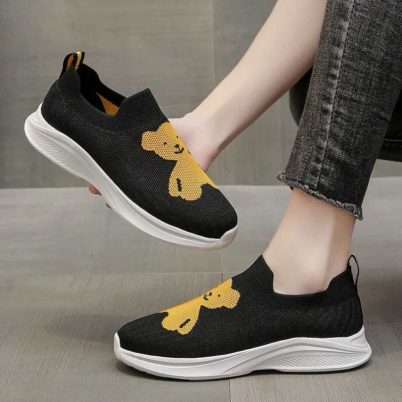 Women Knitted Vulcanized Shoes Platform Sneakers Female New Flat  Breathable LightweightCasual Bear  Zapatillas Mujer
