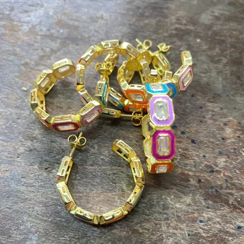 Geometric Bezel Enamel Band Rectangle 5A Cubic Zirconia CZ Circle Hoop Earring Summer Hot Colorful