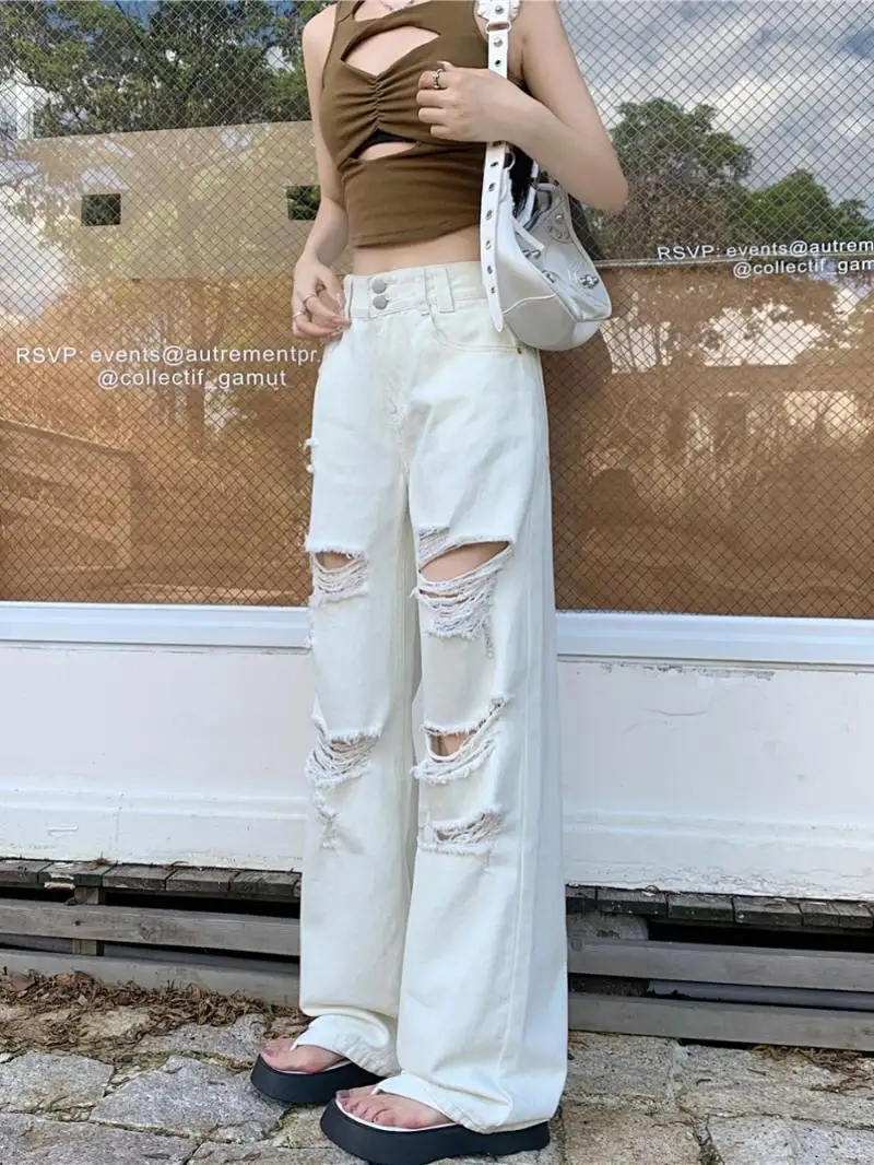 Jeans Ripped Women'S White Baggy Vintage Cowboy Pants Harajuku Streetwear Oversize Denim Trousers Y2k Floor Mopping Pants 2024